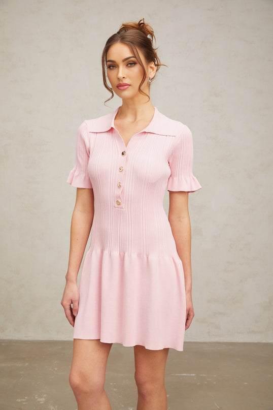 Josephine Pink Mini Dress with Flared Cuffs and Ruched Design