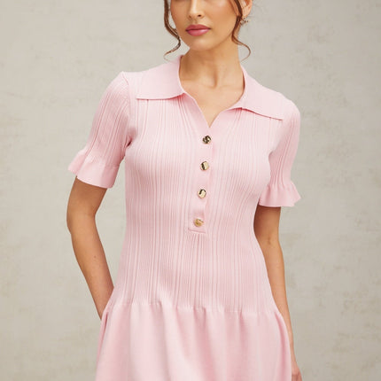 Josephine Pink Mini Dress with Flared Cuffs and Ruched Design