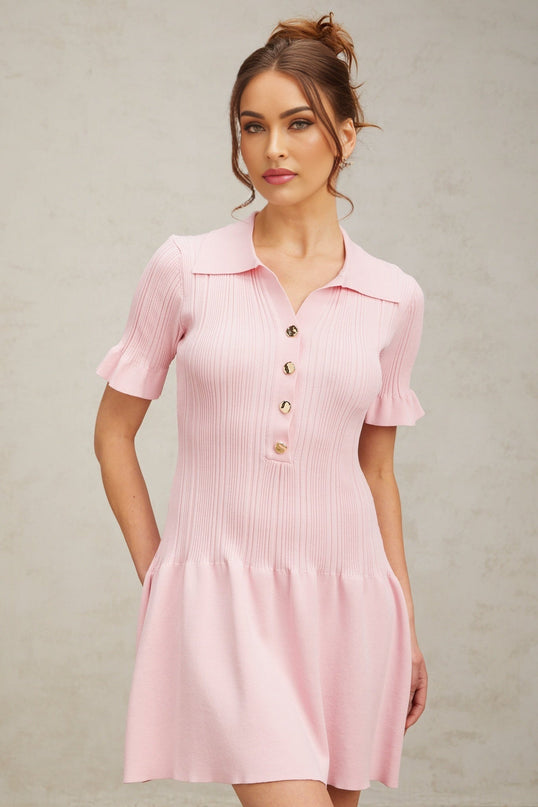 Josephine Pink Mini Dress with Flared Cuffs and Ruched Design