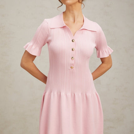 Josephine Pink Mini Dress Viscose Polyester Short Sleeve Flared Cuffs Ruched Design Knit Construction Silvertone Buttons Flared Hem Thigh-Length Silhouette