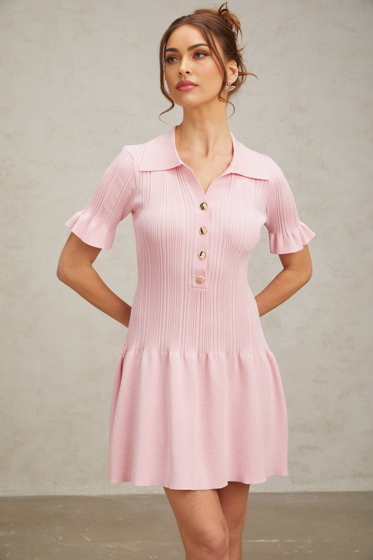 Josephine Pink Mini Dress Viscose Polyester Short Sleeve Flared Cuffs Ruched Design Knit Construction Silvertone Buttons Flared Hem Thigh-Length Silhouette