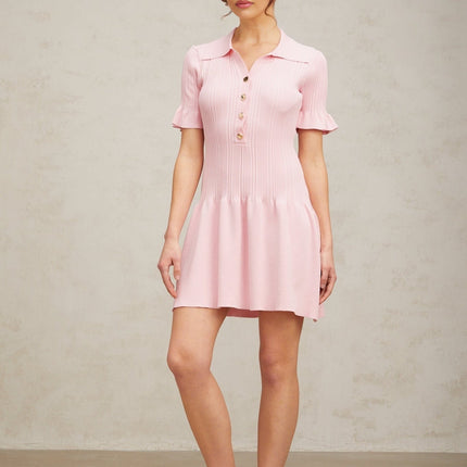 Josephine Pink Mini Dress Viscose Polyester Short Sleeve Flared Cuffs Ruched Design Knit Construction Silvertone Buttons Flared Hem Thigh-Length Silhouette