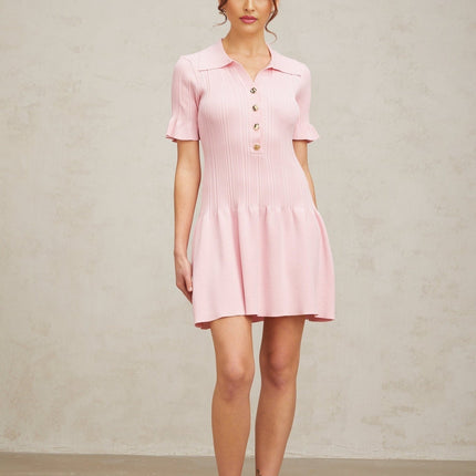 Josephine Pink Mini Dress with Flared Cuffs and Ruched Design