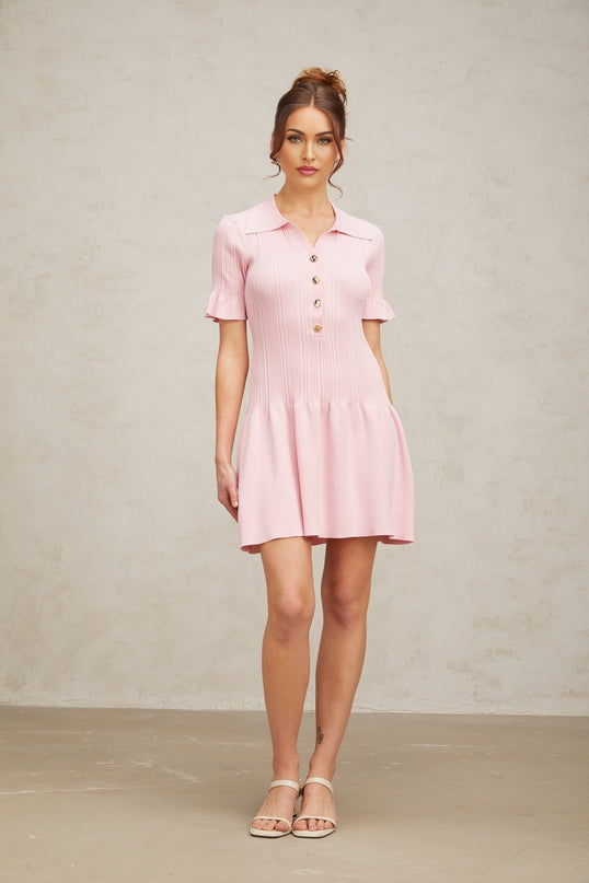 Josephine Pink Mini Dress with Flared Cuffs and Ruched Design