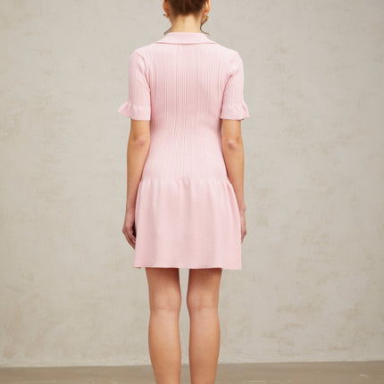 Josephine Pink Mini Dress Viscose Polyester Flared Cuffs Ruched Design Knit Construction Silvertone Buttons Thigh-Length Silhouette