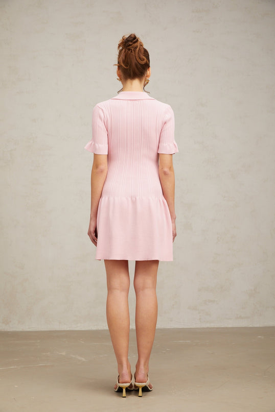 Josephine Pink Mini Dress Viscose Polyester Flared Cuffs Ruched Design Knit Construction Silvertone Buttons Thigh-Length Silhouette