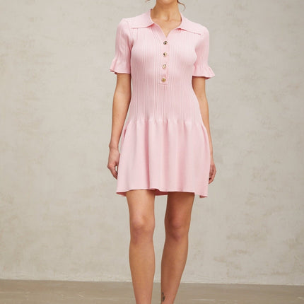 Josephine Pink Mini Dress Viscose Polyester Flared Cuffs Ruched Design Knit Construction Silvertone Buttons Thigh-length Silhouette