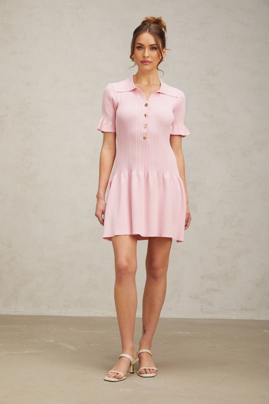 Josephine Pink Mini Dress Viscose Polyester Flared Cuffs Ruched Design Knit Construction Silvertone Buttons Thigh-length Silhouette