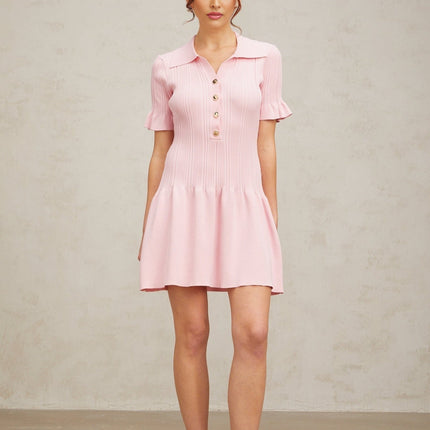 Josephine Pink Mini Dress with Flared Cuffs and Ruched Design