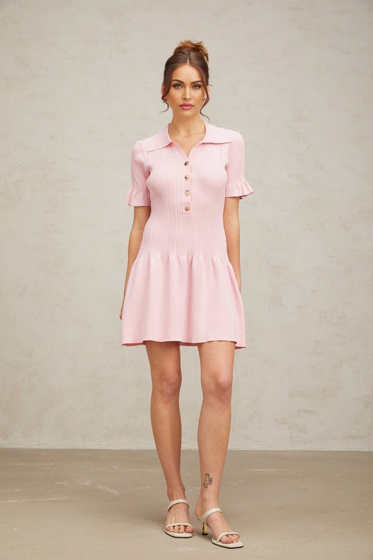 Josephine Pink Mini Dress with Flared Cuffs and Ruched Design