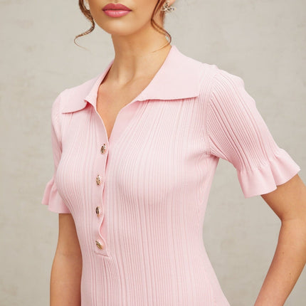 Josephine Pink Mini Dress Viscose Polyester Flared Cuffs Ruched Design Knit Construction Silvertone Buttons Flared Hem Thigh-length Silhouette