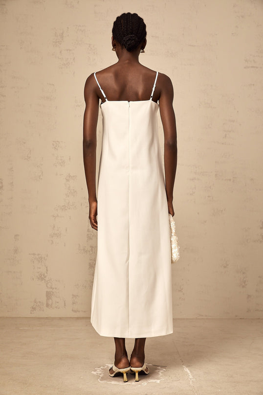 Josephine White Square Neckline Midi Dress with 3D Petal Detailing