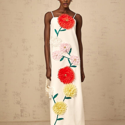 Josephine White Midi Dress Terylene Fiber Square Neckline Spaghetti Straps 3D Petal Detailing Darting Rear Zip Fastening