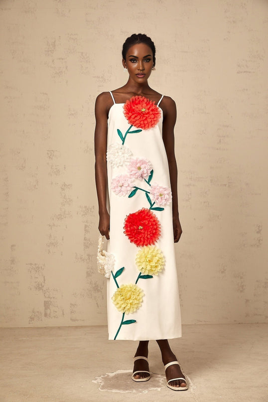 Josephine White Midi Dress Terylene Fiber Square Neckline Spaghetti Straps 3D Petal Detailing Darting Rear Zip Fastening