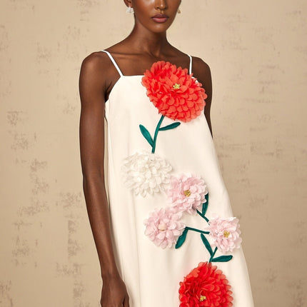 Josephine White Square Neckline Midi Dress 3D Petal Detailing Spaghetti Straps Terylene Fiber Rear Zip Fastening