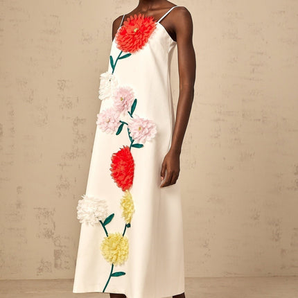 Josephine White Shift Dress Square Neckline Spaghetti Straps 3D Petal Detailing