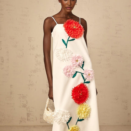 Josephine White Square Neckline Midi Dress 3D Petal Detailing Spaghetti Straps Terylene Fiber Rear Zip Fastening