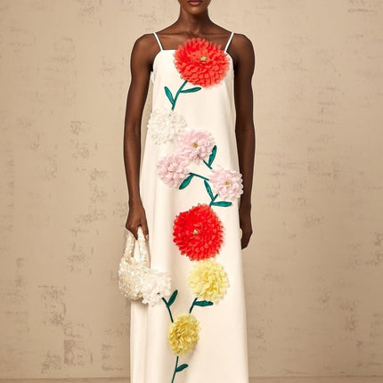 Josephine White Midi Dress with 3D Petal Detailing and Square Neckline