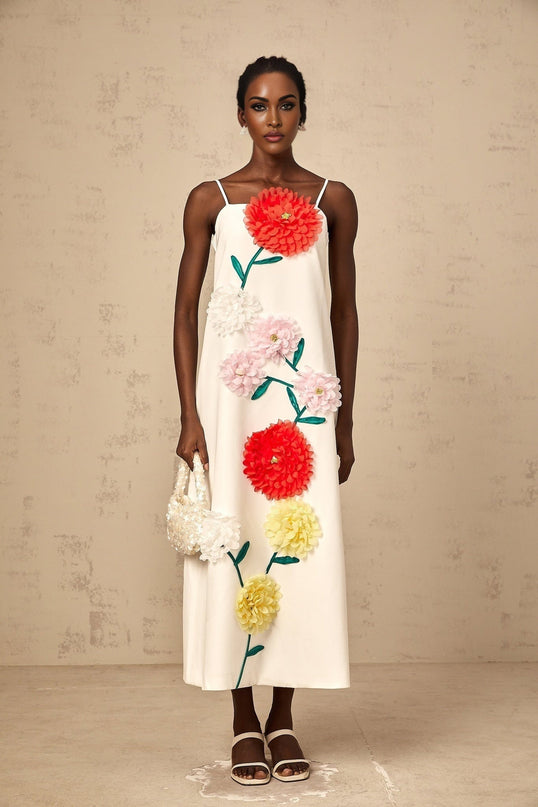 Josephine White Midi Dress with 3D Petal Detailing and Square Neckline
