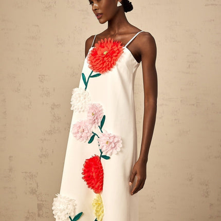 Josephine White Terylene Midi Dress Square Neckline Spaghetti Straps 3D Petal Detailing Darting Rear Zip Fastening