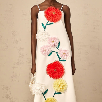 Josephine White Terylene Square Neck Midi Dress with 3D Petal Detailing
