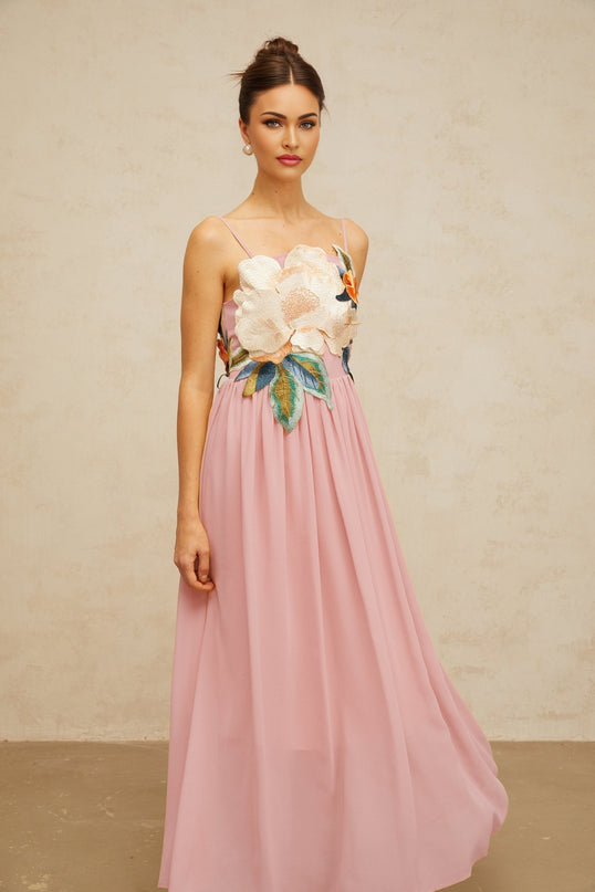 Josette floralembroidered shirred maxi dress in Pink