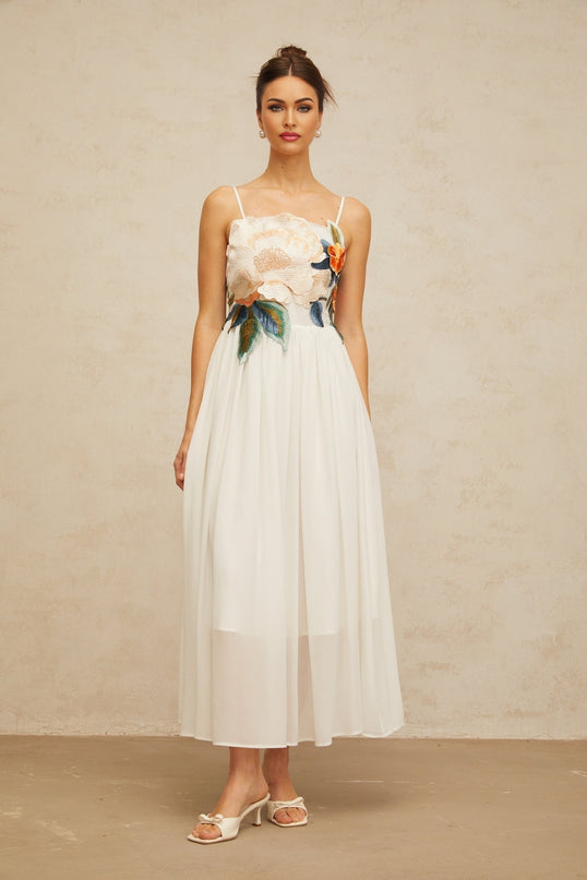 Josette floralembroidered shirred maxi dress in White