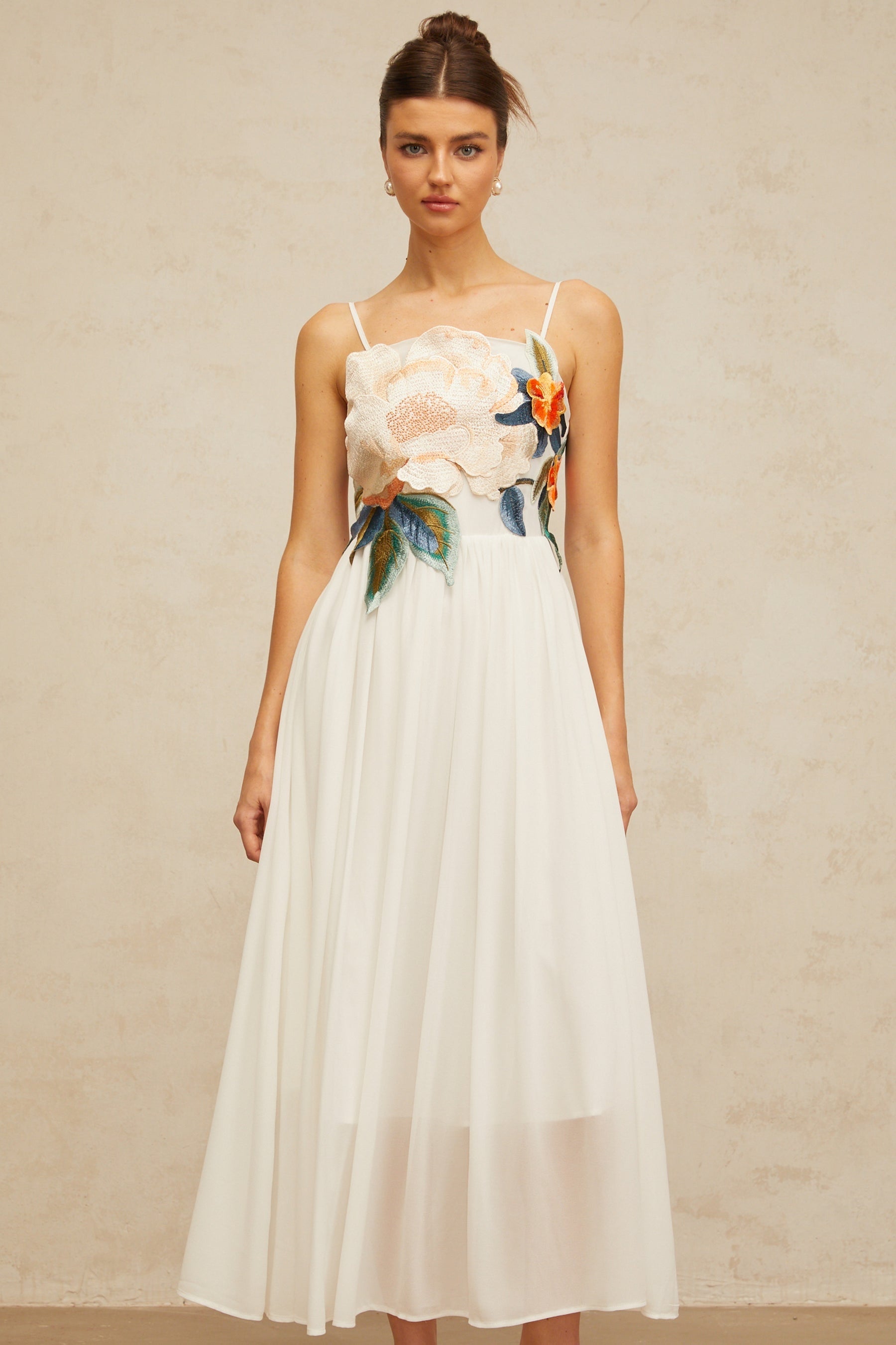 Josette floralembroidered shirred maxi dress in White