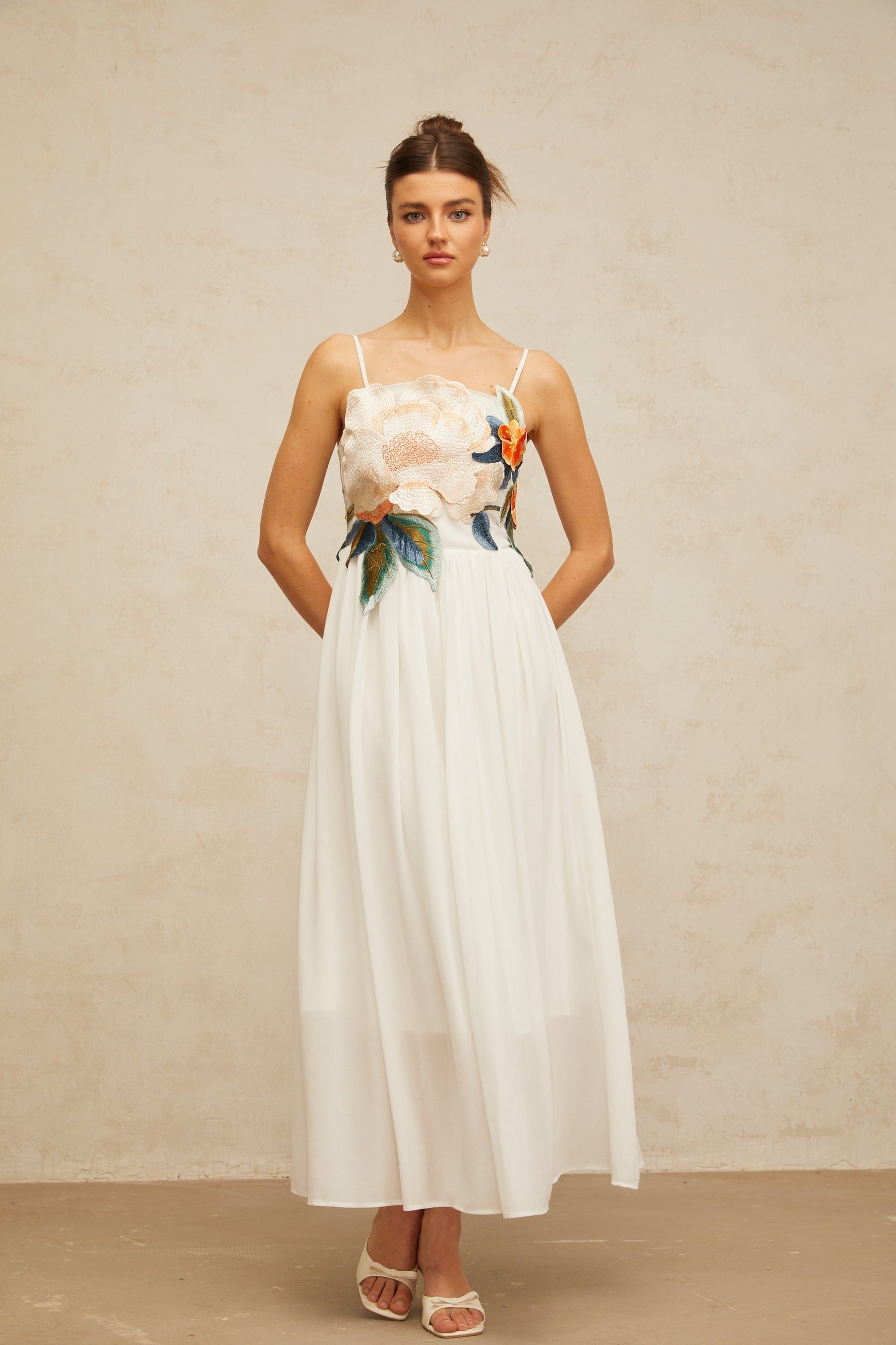 Josette floralembroidered shirred maxi dress in White