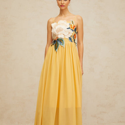 Josette floralembroidered shirred maxi dress in Yellow