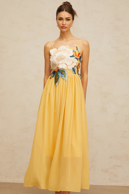 Josette floralembroidered shirred maxi dress in Yellow