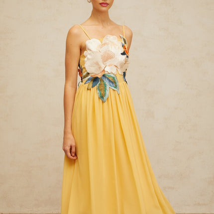 Josette floralembroidered shirred maxi dress in Yellow