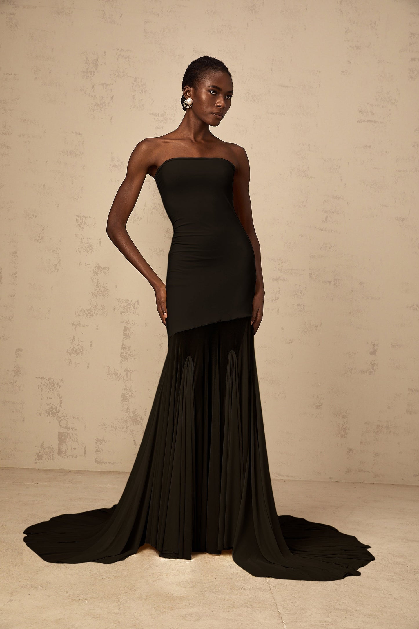 Josiane Black Offshoulder Sheer Tulle Maxi Dress