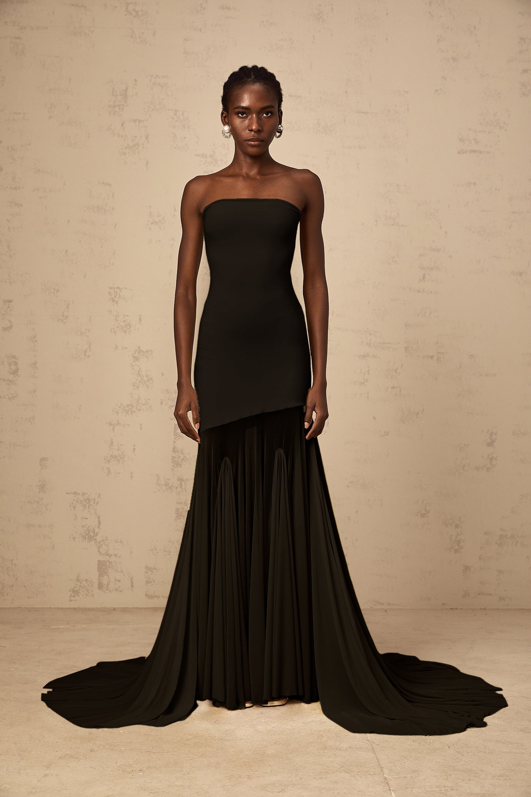 Josiane Black Offshoulder Sheer Tulle Maxi Dress