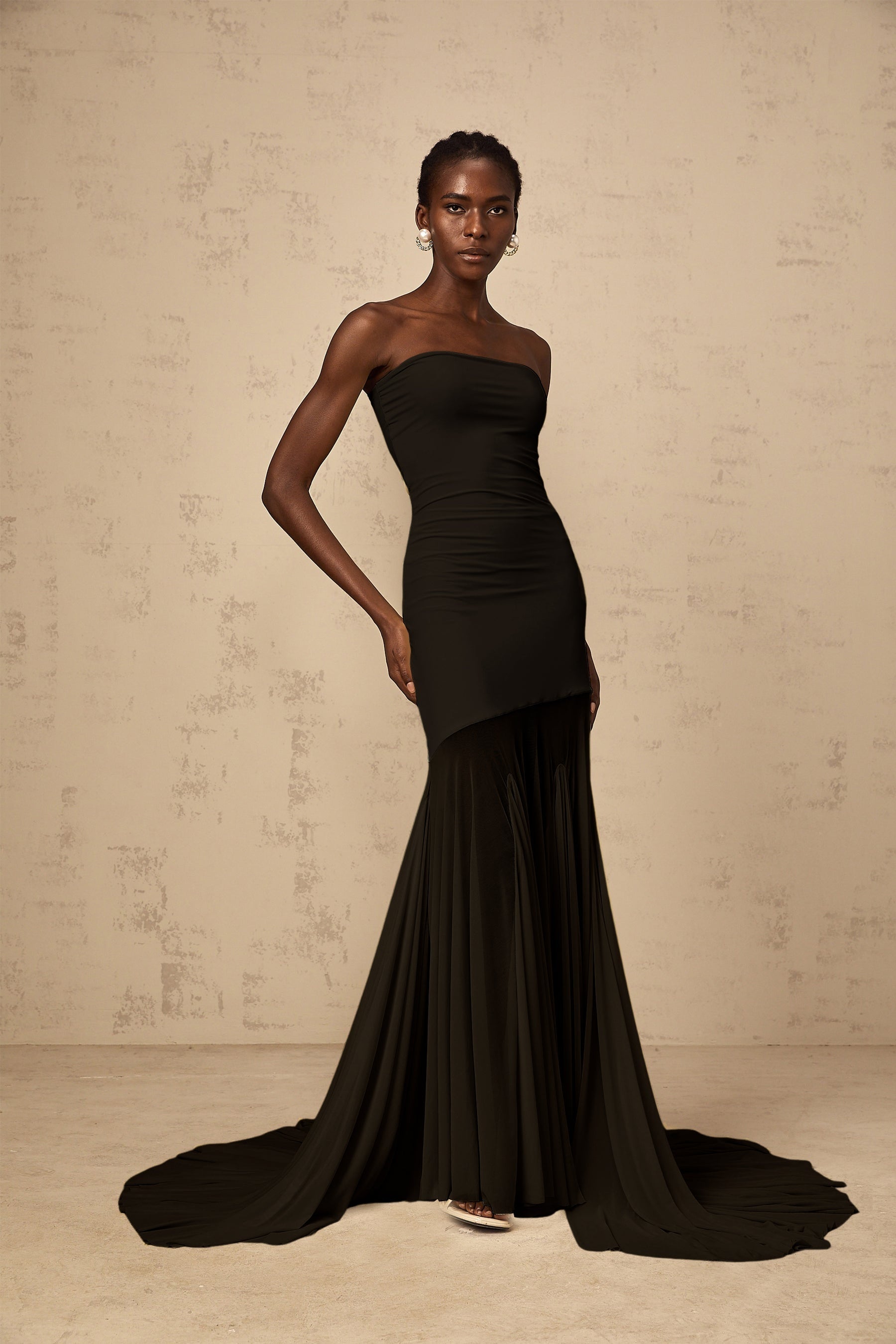 Josiane Black Offshoulder Sheer Tulle Maxi Dress