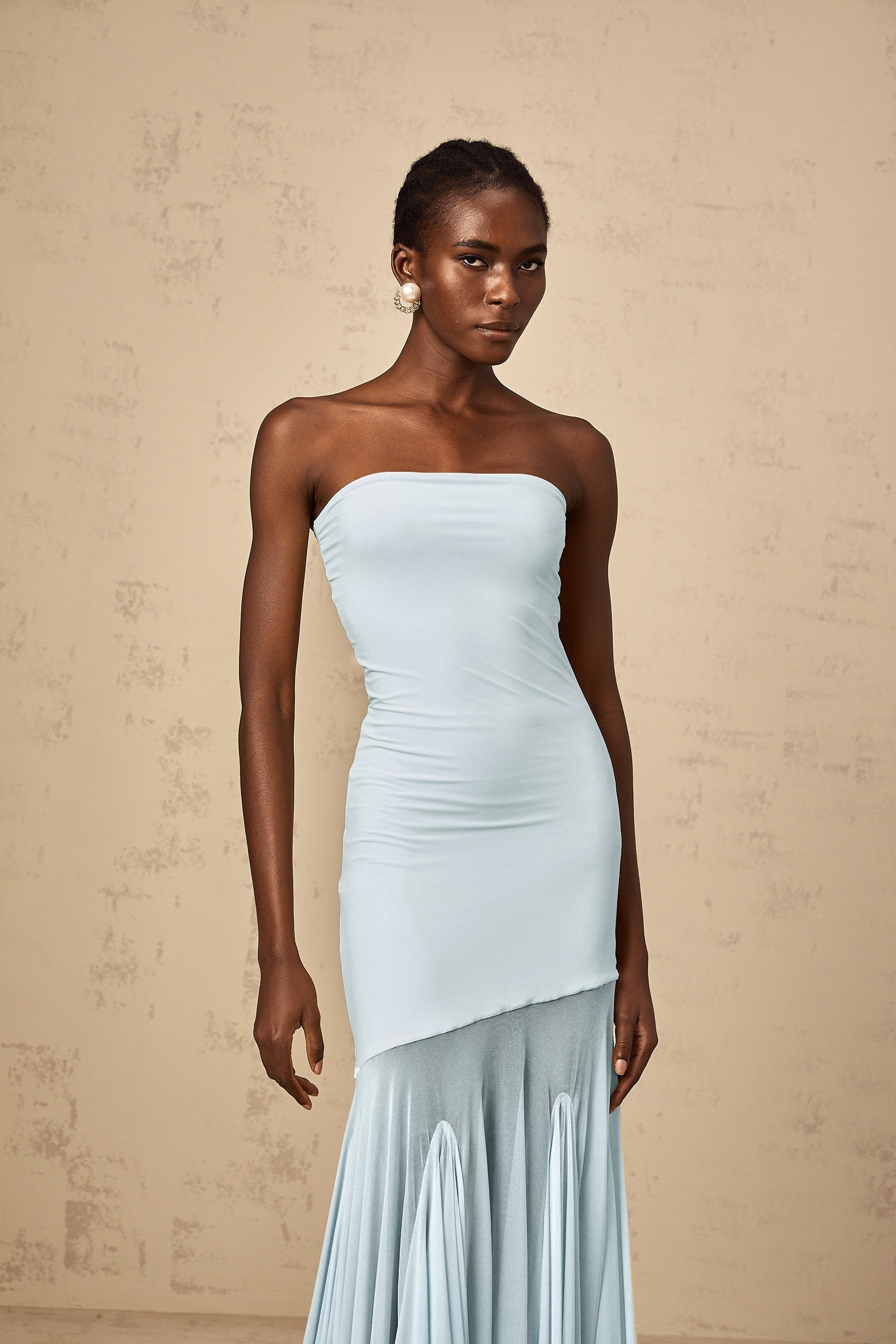 Josiane Blue Offshoulder Sheer Tulle Maxi Dress