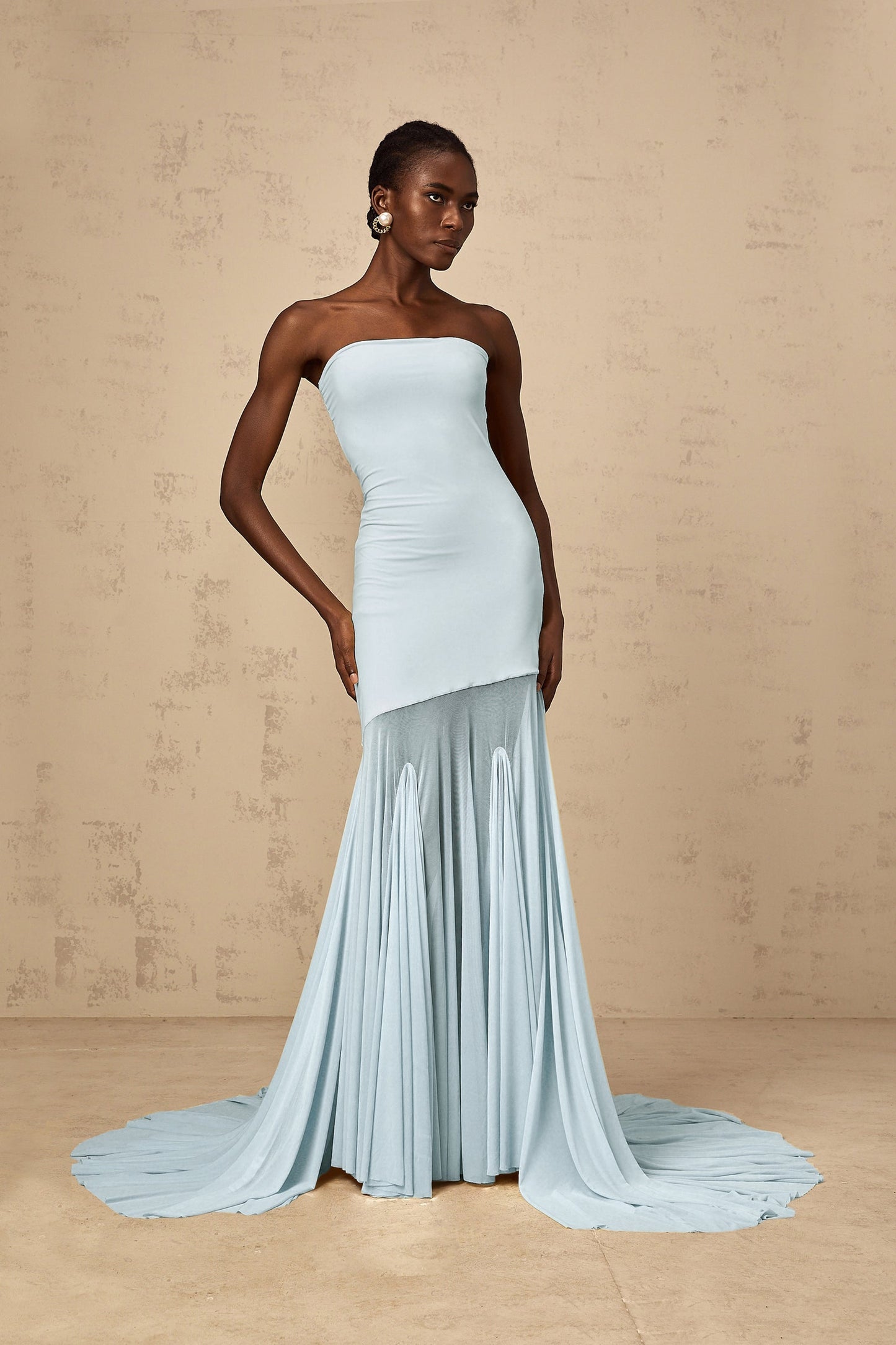 Josiane Blue Offshoulder Sheer Tulle Maxi Dress