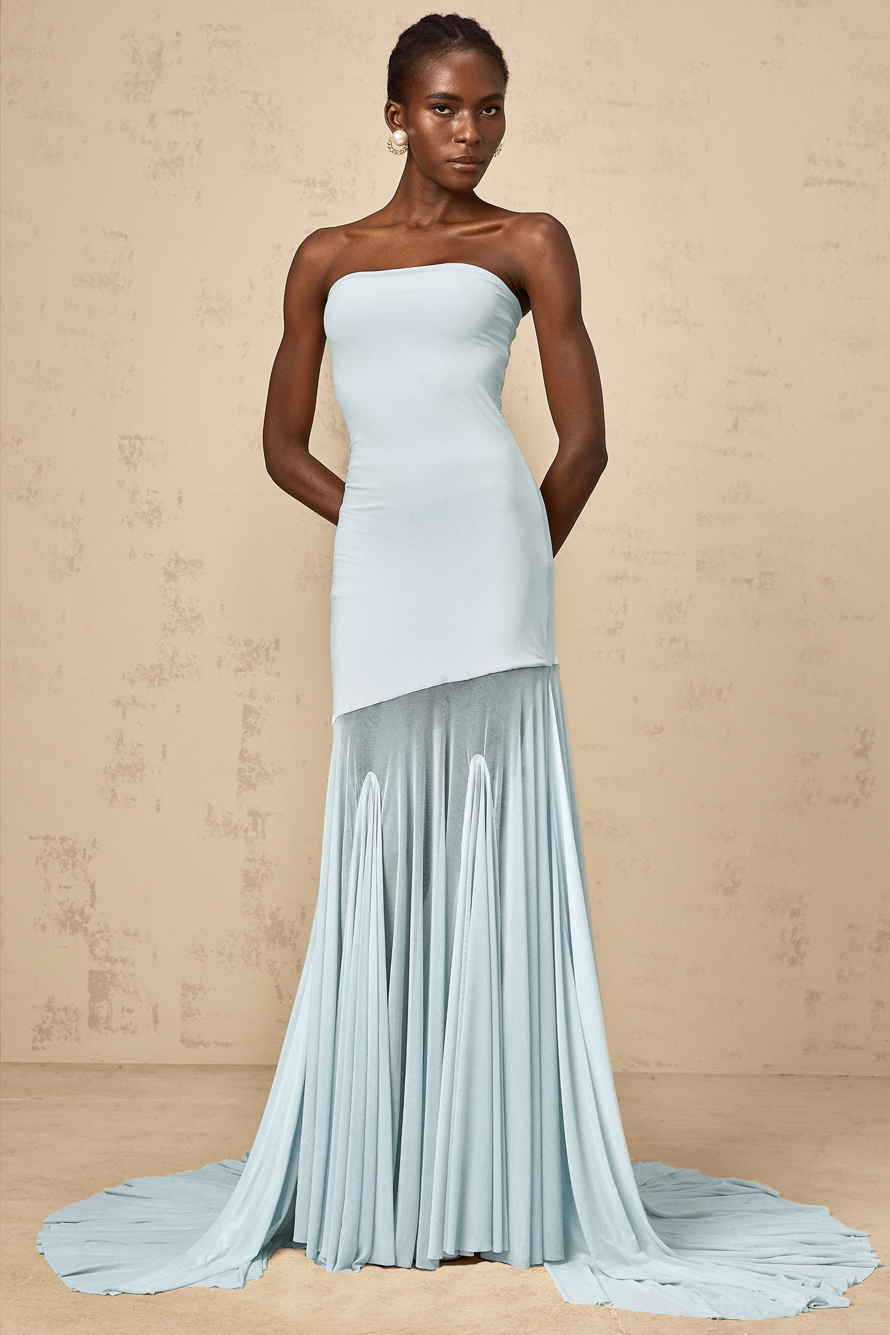 Josiane Blue Offshoulder Sheer Tulle Maxi Dress