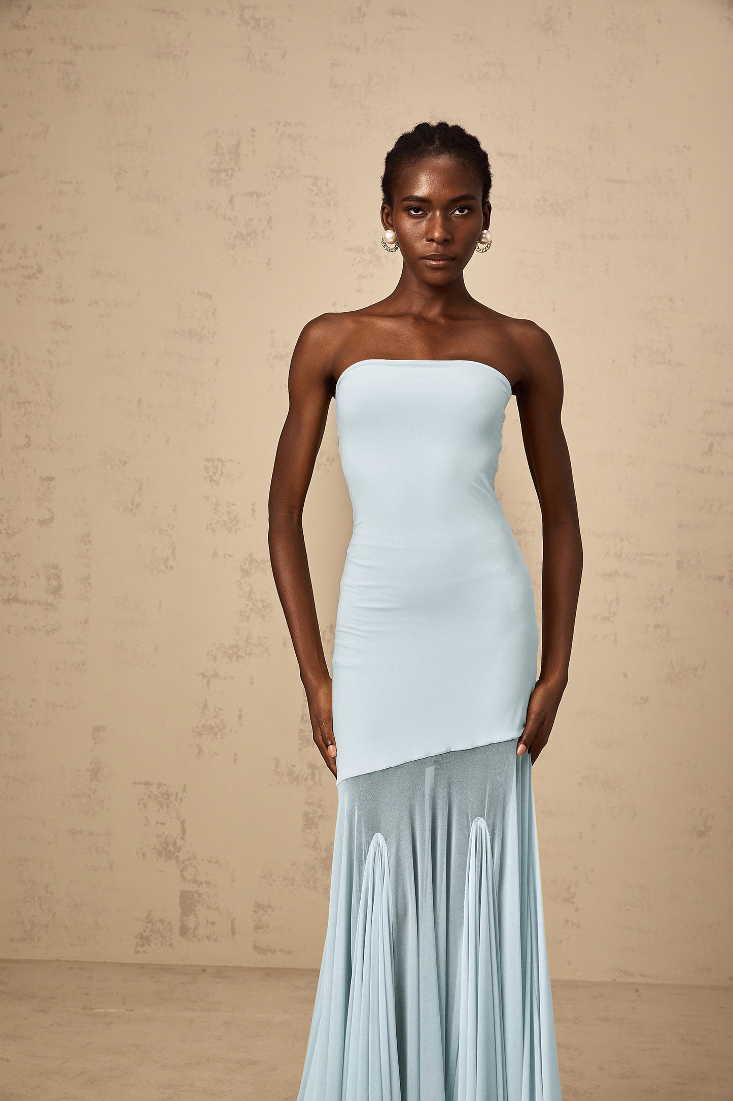 Josiane Blue Offshoulder Sheer Tulle Maxi Dress