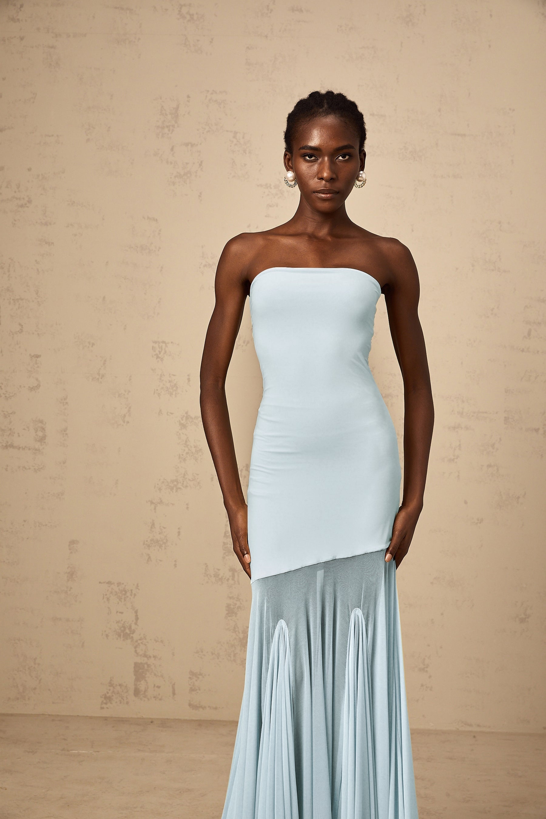 Josiane Blue Offshoulder Sheer Tulle Maxi Dress