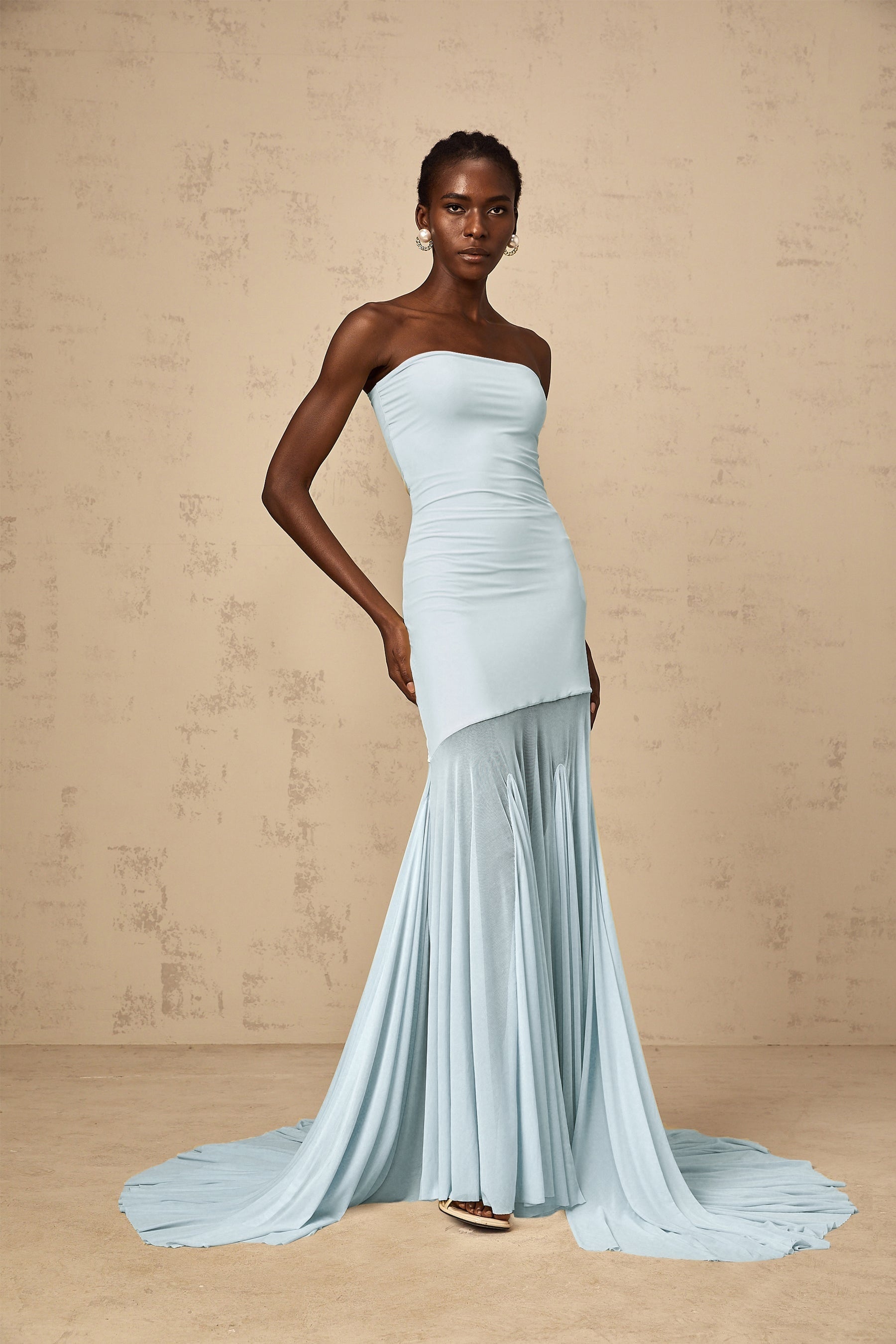 Josiane Blue Offshoulder Sheer Tulle Maxi Dress