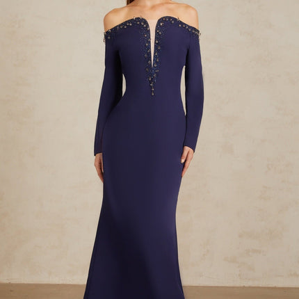 Joyanna Blue Off-Shoulder Embellished Gown in Blue color
