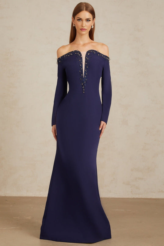 Joyanna Blue Off-Shoulder Embellished Gown in Blue color
