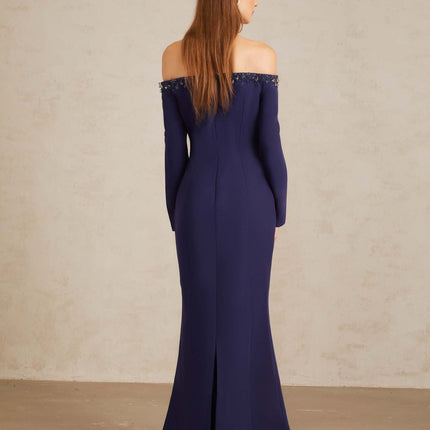 Joyanna Blue Off-Shoulder Embellished Gown in Blue color