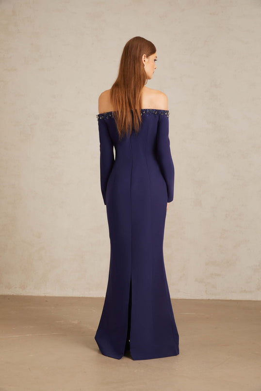 Joyanna Blue Off-Shoulder Embellished Gown in Blue color
