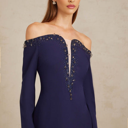 Joyanna Blue Off-Shoulder Embellished Gown in Blue color