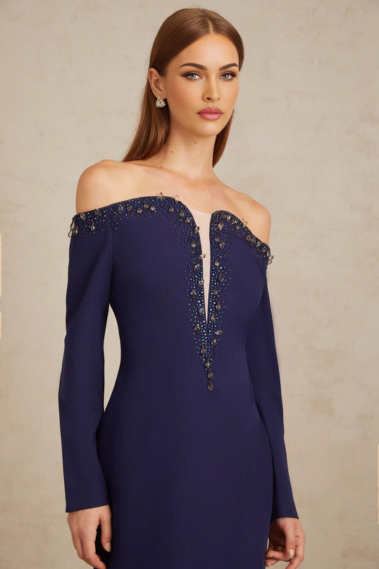 Joyanna Blue Off-Shoulder Embellished Gown in Blue color