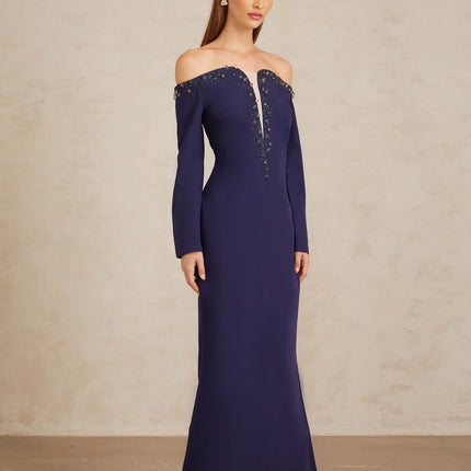 Joyanna Blue Off-Shoulder Embellished Gown in Blue color