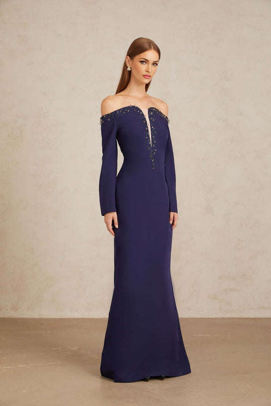 Joyanna Blue Off-Shoulder Embellished Gown in Blue color