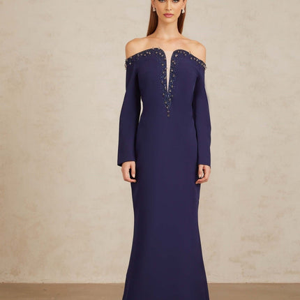 Joyanna Blue Off-Shoulder Embellished Gown in Blue color